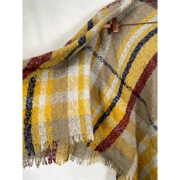 Quagga Plaid Tan Yellow Square Afghan Shrug Fringe Wrap One Size - Picture 6 of 7
